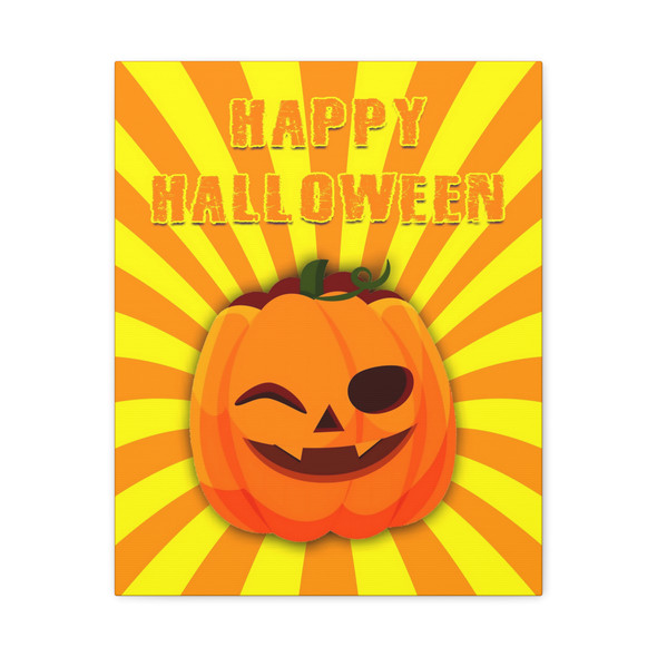 Festive Jack-o'-Lantern Greeting: Cheerful Halloween Cartoon, Sunburst Pumpkin Design - Unframed Canvas Wall Art Decor