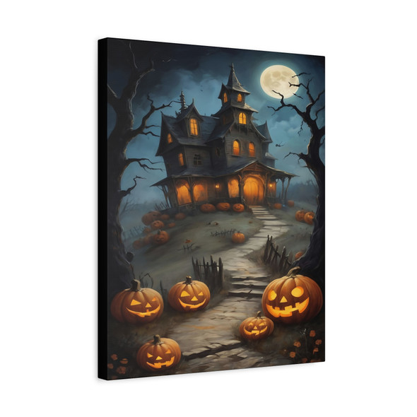 Haunted Hollow: Moonlit Halloween Mansion, Nocturnal Spooky Illustration - Unframed Canvas Wall Art Decor