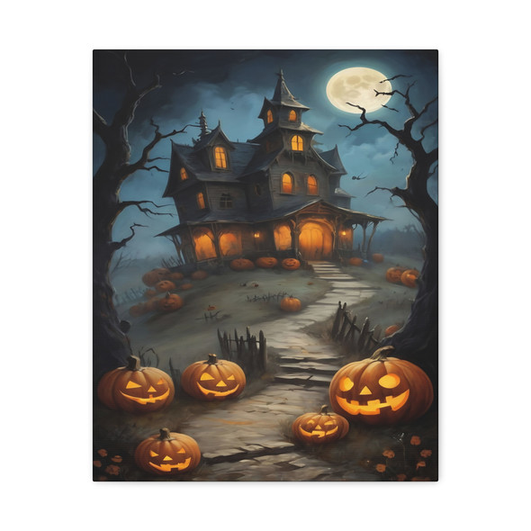 Haunted Hollow: Moonlit Halloween Mansion, Nocturnal Spooky Illustration - Unframed Canvas Wall Art Decor