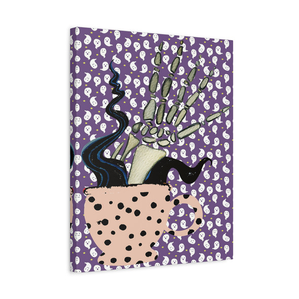 Haunting Brew: Skeletal Hand Rises, Ghostly Halloween Illustration - Unframed Canvas Wall Art Decor