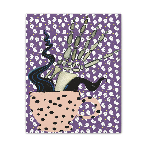 Haunting Brew: Skeletal Hand Rises, Ghostly Halloween Illustration - Unframed Canvas Wall Art Decor