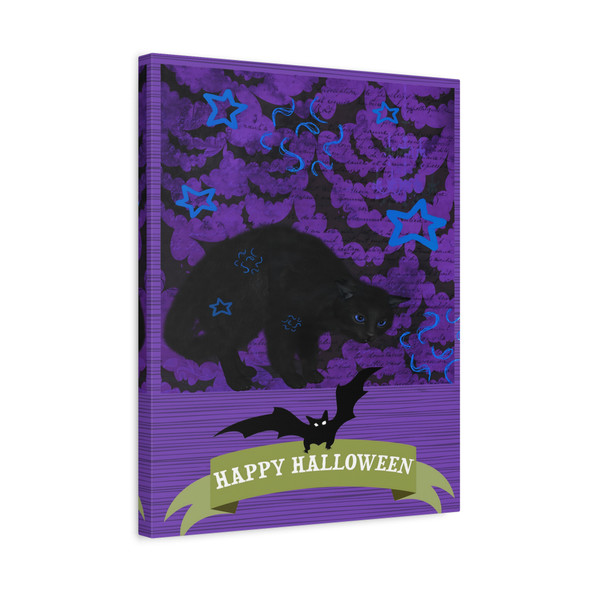 Midnight Whiskers: Halloween Feline Fantasia, Spooky Graphic Design Poster - Unframed Canvas Wall Art Decor