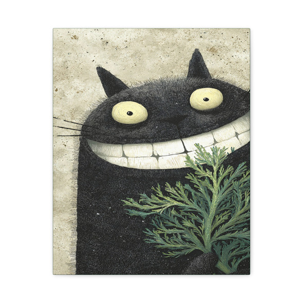 Surreal Black Cat Illustration, Whimsical Character Art - Unframed Canvas Wall Art Decor 16″ x 20″ (Vertical)/1.25"