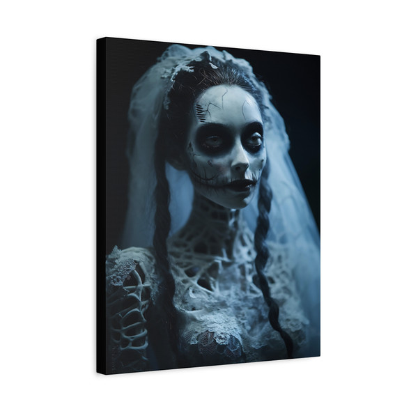 Veiled Mortality: Skeletal Bride, Día de los Muertos Portraiture - Unframed Canvas Wall Art Decor 16″ x 20″ (Vertical)/1.25"