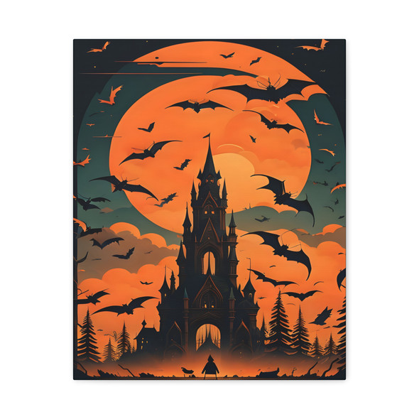 Moonlit Citadel: Gothic Halloween Landscape, Supernatural Bat Silhouettes - Unframed Canvas Wall Art Decor 16″ x 20″ (Vertical)/1.25"