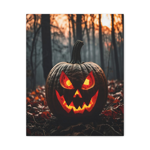 Halloween's Haunting Glow: Carved Pumpkin Silhouette, Misty Forest Nightmare - Unframed Canvas Wall Art Decor 16″ x 20″ (Vertical)/1.25"
