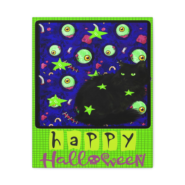 Spectral Feline Feast: Halloween Night Haunting, Neon Spooky Graphic Illustration - Unframed Canvas Wall Art Decor 16″ x 20″ (Vertical)/1.25"