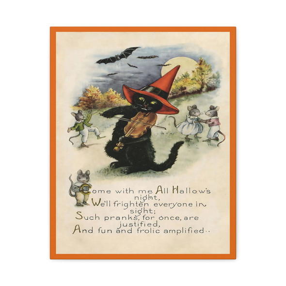 Vintage Halloween Postcard Illustratioin, Whimsical Black Cat Serenade - Unframed Canvas Wall Art Decor 16″ x 20″ (Vertical)/1.25"