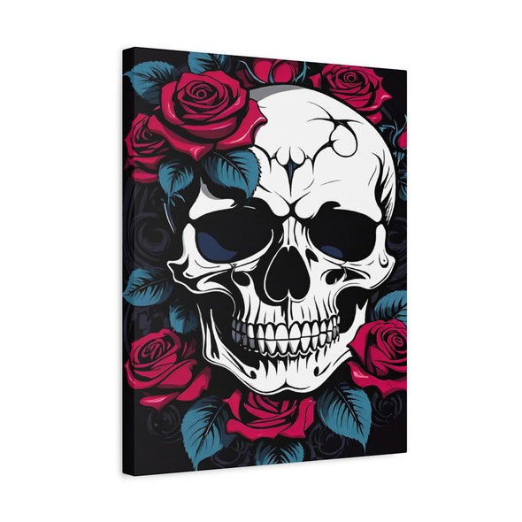 Mortal Bloom: Skull and Roses Graphic Design, Edgy Alternative Art - Unframed Canvas Wall Art Decor 16″ x 20″ (Vertical)/1.25"