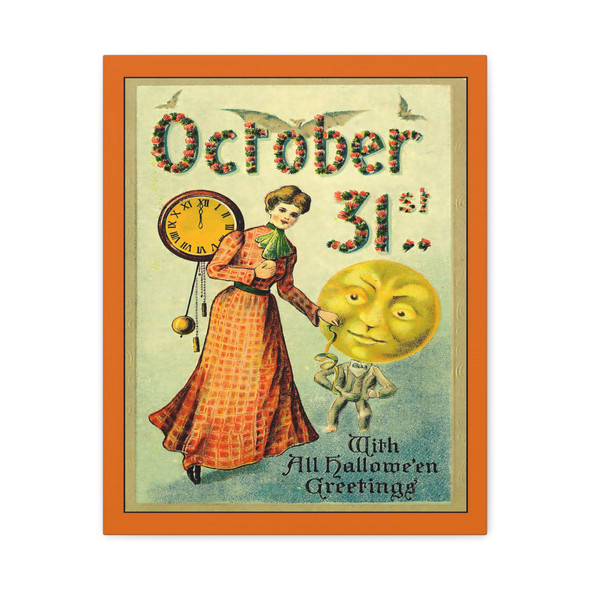 Midnight's Whimsy: Vintage Halloween Greeting, Classic Lithograph Postcard - Unframed Canvas Wall Art Decor 16″ x 20″ (Vertical)/1.25"