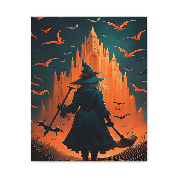 Gothic Fantasy Illustration, Witch and Bat Landscape Digital Art - Unframed Canvas Wall Art Decor 16″ x 20″ (Vertical)/1.25"