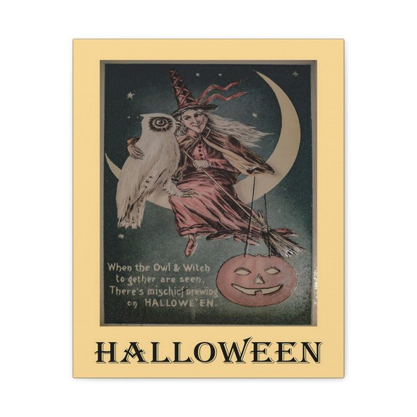 Moonlit Mischief: Vintage Halloween Witch Spooky Illustration -Unframed Canvas Wall Art Decor 16″ x 20″ (Vertical)/1.25"