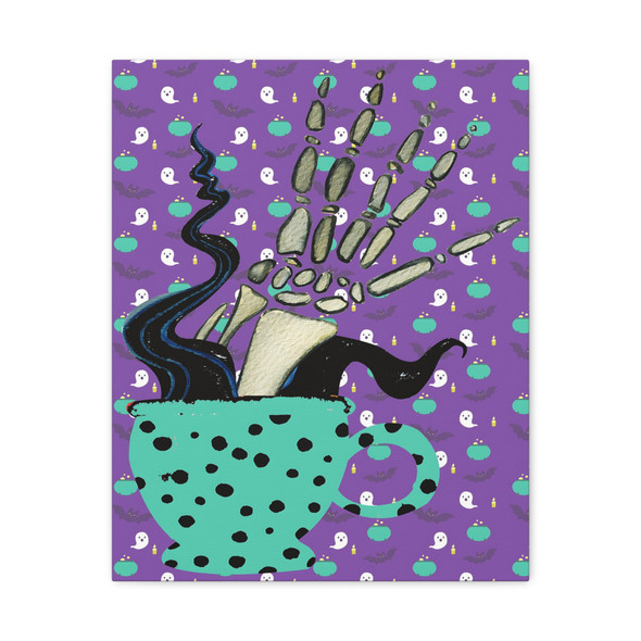 Skeletal Teatime Haunting: Halloween Polka-Dot Illustration, Surreal Spooky Art - Unframed Canvas Wall Art Decor 16″ x 20″ (Vertical)/1.25"
