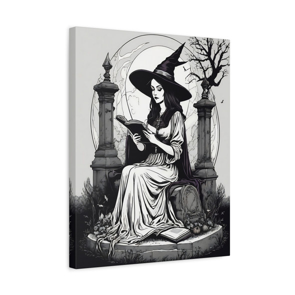 Witch of the Twilight Tome: Gothic Mystical Black and White Occult Art - Unframed Canvas Wall Art Decor 16″ x 20″ (Vertical)/1.25"