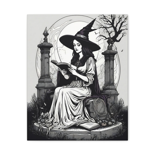 Witch of the Twilight Tome: Gothic Mystical Black and White Occult Art - Unframed Canvas Wall Art Decor 16″ x 20″ (Vertical)/1.25"