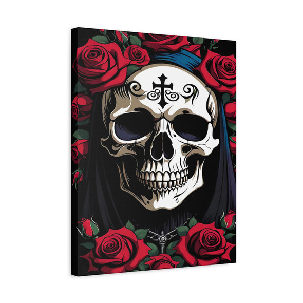 Memento Mortem: Gothic Skull and Roses, Day of the Dead Artistry - Unframed Canvas Wall Art Decor 16″ x 20″ (Vertical)/1.25"