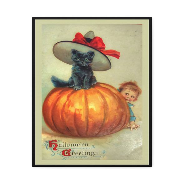 Halloween Kitten's Pumpkin Perch: Vintage Illustration, Early 20th-Century Nostalgic Art - Unframed Canvas Wall Art Decor 16″ x 20″ (Vertical)/1.25"