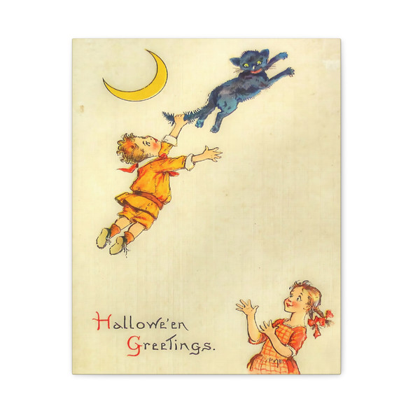 Moonlit Halloween Frolic: Vintage Watercolor Greeting - Unframed Canvas Wall Art Decor 16″ x 20″ (Vertical)/1.25"