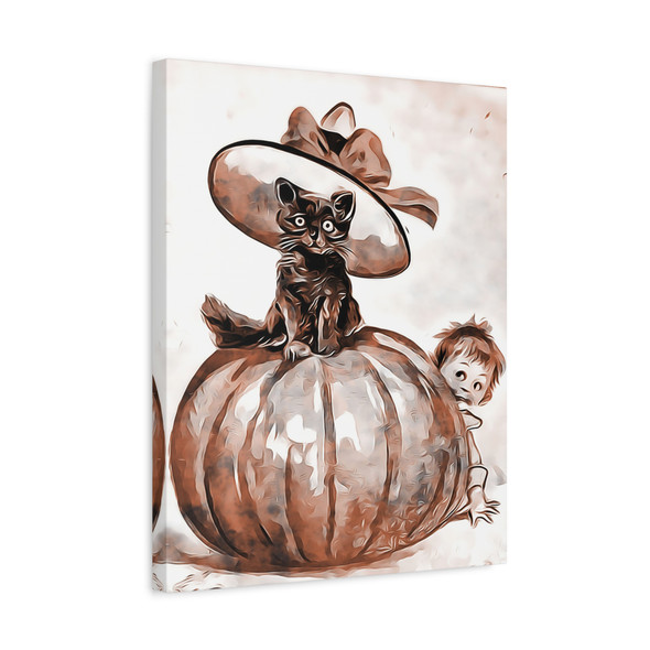 Feline Harvest Fantasy: Whimsical Cat on Autumn Pumpkin - Unframed Canvas Wall Art Decor 16″ x 20″ (Vertical)/1.25"