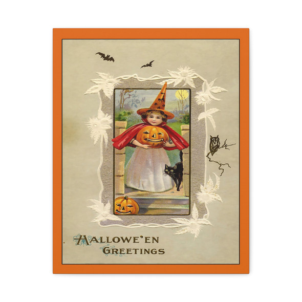 Hallowe'en's Little Witch: Vintage Holiday Greeting, Classic Postcard Art - Unframed Canvas Wall Art Decor 16″ x 20″ (Vertical)/1.25"