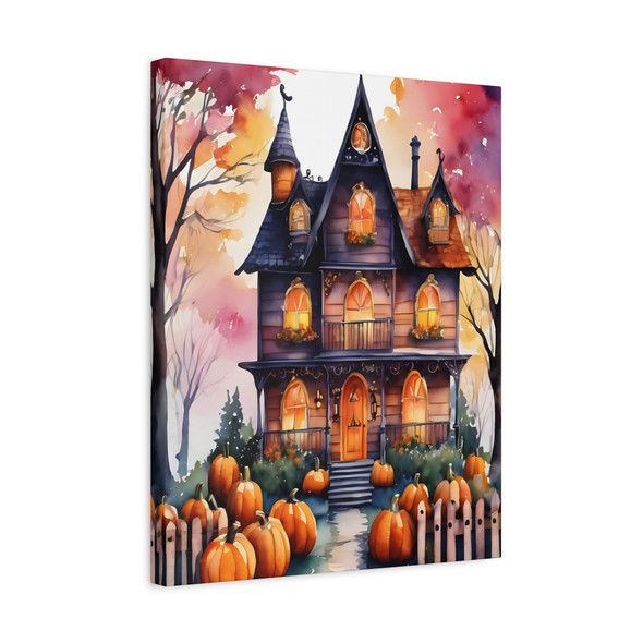 Victorian Ghostly Mansion, Watercolor Halloween Landscape - Unframed Canvas Wall Art Decor 16″ x 20″ (Vertical)/1.25"