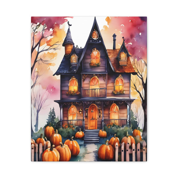 Victorian Ghostly Mansion, Watercolor Halloween Landscape - Unframed Canvas Wall Art Decor 16″ x 20″ (Vertical)/1.25"