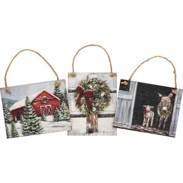 Set of 3 Hanging Wooden Ornaments - Farmhouse Winter Themed from Primitives by Kathy