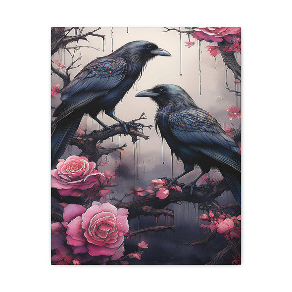 Shadows of Whispered Wisdom: Gothic Floral Ravens, Dark Avian Surrealism - Unframed Canvas Wall Art Decor 16″ x 20″ (Vertical)/1.25"