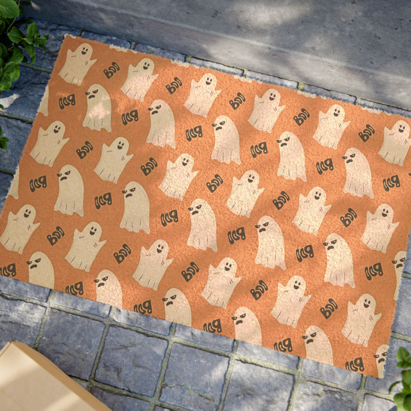 Halloween Anti-Slip Coir Doormat 24" x 16" - Ghostly Greetings Pattern Design