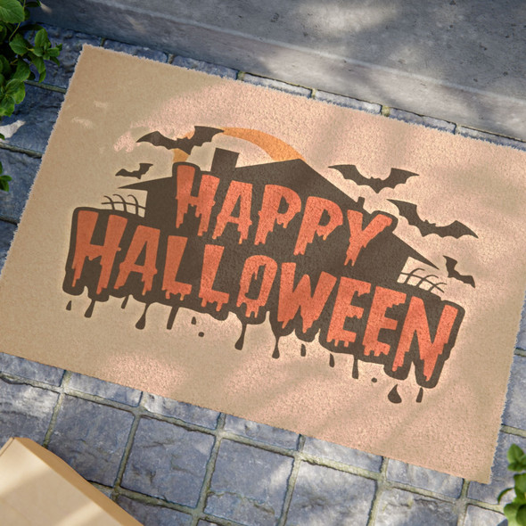 Halloween Anti-Slip Coir Doormat 24" x 16" - Haunting Harvest: Spooky Bat Silhouette Design Halloween Anti-Slip Coir Doormat 24" x 16" - Haunting Harvest: Spooky Bat Silhouette Design