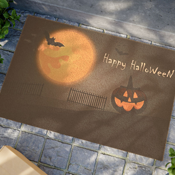 Halloween Anti-Slip Coir Doormat 24" x 16" - Moonlit Halloween Haunt: Glowing Jack-o'-Lantern Under Starry Skies