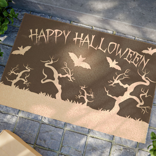 Halloween Anti-Slip Coir Doormat 24" x 16" - Haunting Hollow: Monochrome Halloween Landscape