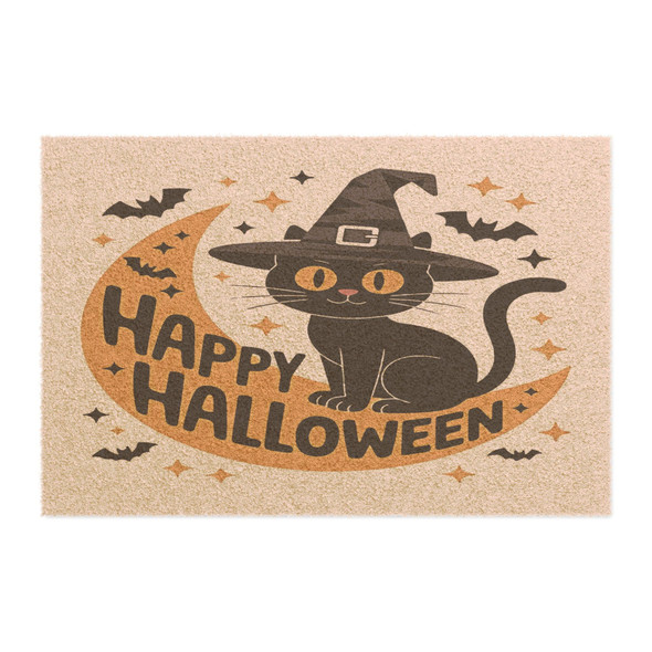 Halloween Anti-Slip Coir Doormat 24" x 16" - Moonlit Whiskers: Halloween Night Feline