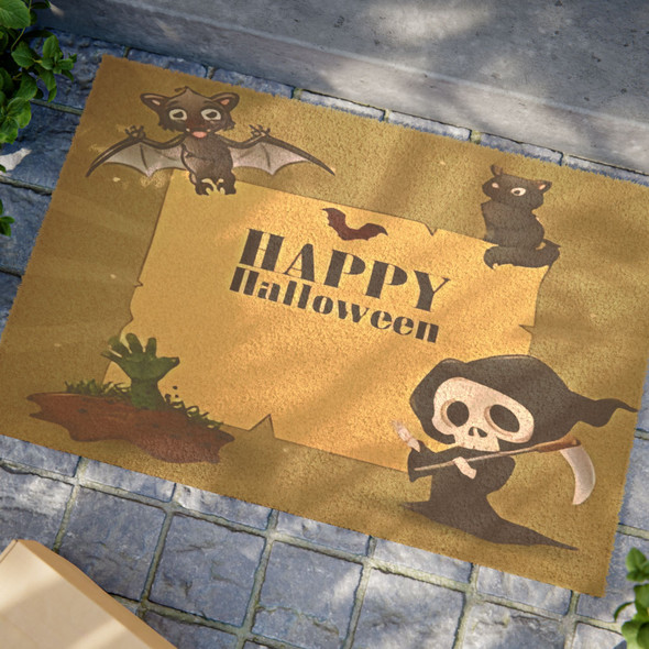 Halloween Anti-Slip Coir Doormat 24" x 16" - Spooky Spirits Gather: Whimsical Cartoon