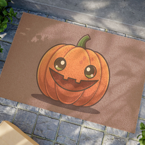 Halloween Anti-Slip Coir Doormat 24" x 16" - Kawaii Pumpkin