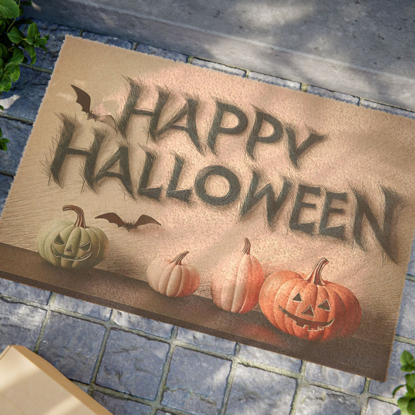 Happy Halloween Anti-Slip Coir Doormat 24" x 16" - Spooky Pumpkin Parade: Pastel Jack-o'-Lanterns