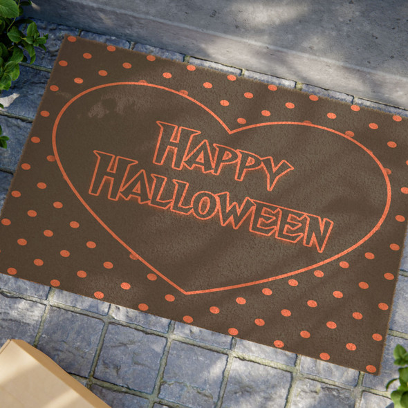 Halloween Anti-Slip Coir Doormat 24" x 16" - Heartfelt Halloween Glow: Festive Orange Typography, Spooky Seasonal Design