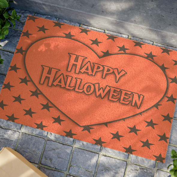 Halloween Anti-Slip Coir Doormat 24" x 16" - Starry Heart Glow: Festive Orange Design Halloween Anti-Slip Coir Doormat 24" x 16" - Starry Heart Glow: Festive Orange Design