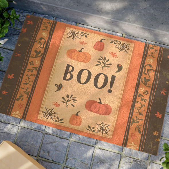 Halloween Anti-Slip Coir Doormat 24" x 16" - Harvest Whispers Boo: Autumn Pumpkin Elegance