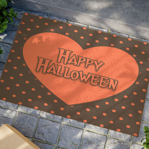 Happy Halloween Anti-Slip Coir Doormat 24" x 16" - Halloween Love: Festive Heart Design