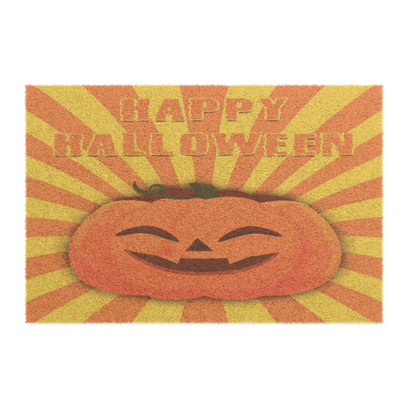 Happy Halloween Anti-Slip Coir Doormat 24" x 16" - Cheerful Jack-o'-Lantern: Retro Halloween Starburst