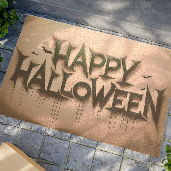 Happy Halloween Anti-Slip Coir Doormat 24" x 16" - Haunting Typography: Gothic Bat Silhouettes