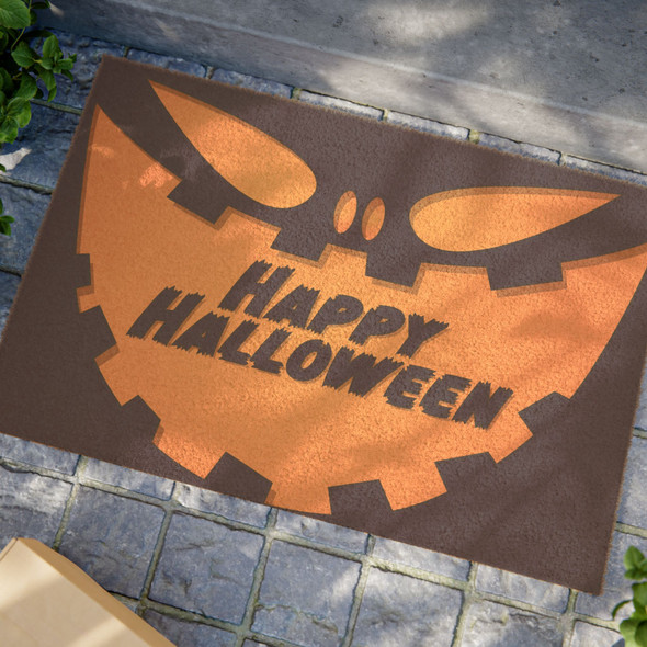 Halloween Anti-Slip Coir Doormat 24" x 16" - Midnight Jack: Stylized Pumpkin Silhouette