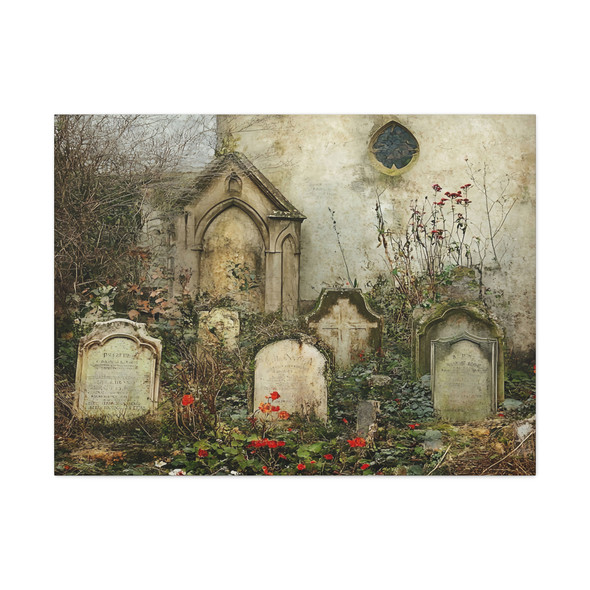 Whispers of Forgotten Stones: Large Stretched Canvas Wall Art 40" x 30" - Gothic Cemetery Landscape, Ethereal Decay