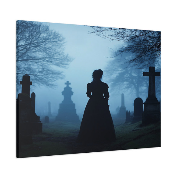 Twilight's Lament: Large Stretched Canvas Wall Art 40" x 30" - Gothic Victorian Cemetery Scene, Haunting Silhouette