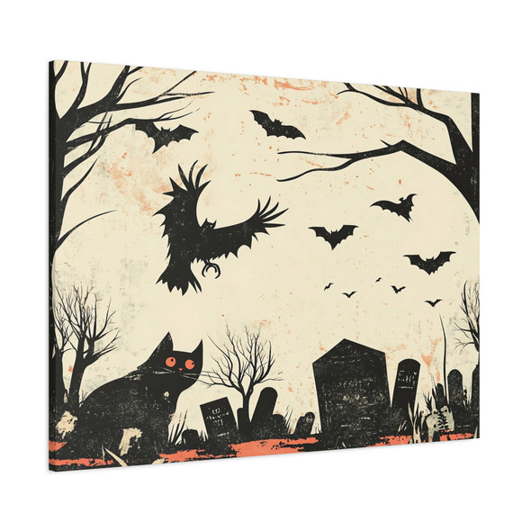 Halloween Night Watch: Large Stretched Canvas Wall Art 40" x 30" - Vintage Gothic Cemetery Scene with Black Cat - Retro Horror Art