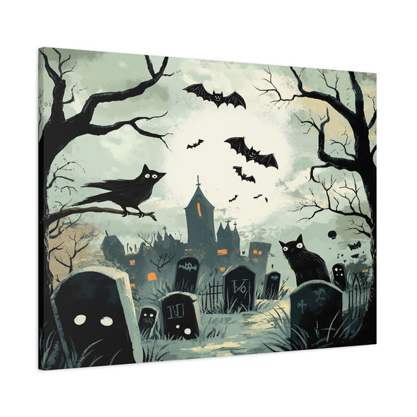 Halloween Graveyard Scene: Large Stretched Canvas Wall Art 40" x 30" - Spooky Illustration, Vintage Halloween Art
