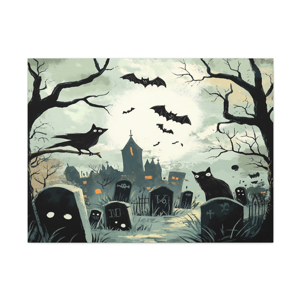 Halloween Graveyard Scene: Large Stretched Canvas Wall Art 40" x 30" - Spooky Illustration, Vintage Halloween Art