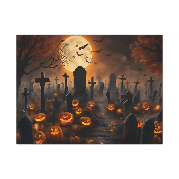 Halloween Graveyard: Large Stretched Canvas Wall Art 40" x 30" - Spooky Art, Jack-o'-lanterns and Full Moon