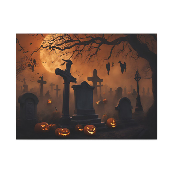 Haunting Hallows' Eve: Large Stretched Canvas Wall Art 40" x 30" - Moonlit Graveyard Gothic, Supernatural Landscape